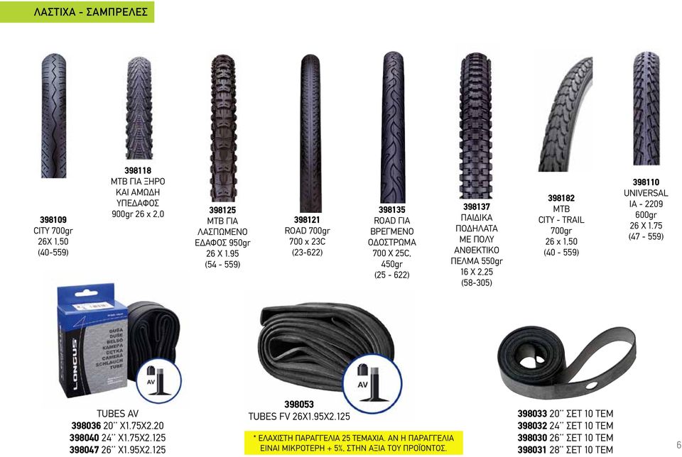 (58-305) 398182 MTB CITY - TRAIL 700gr 26 x 1,50 (40-559) 398110 UNIVERSAL IA - 2209 600gr 26 X 1.75 (47-559) TUBES AV 398036 20 Χ1.75Χ2.20 398040 24 Χ1.75Χ2.125 398047 26 Χ1.95Χ2.