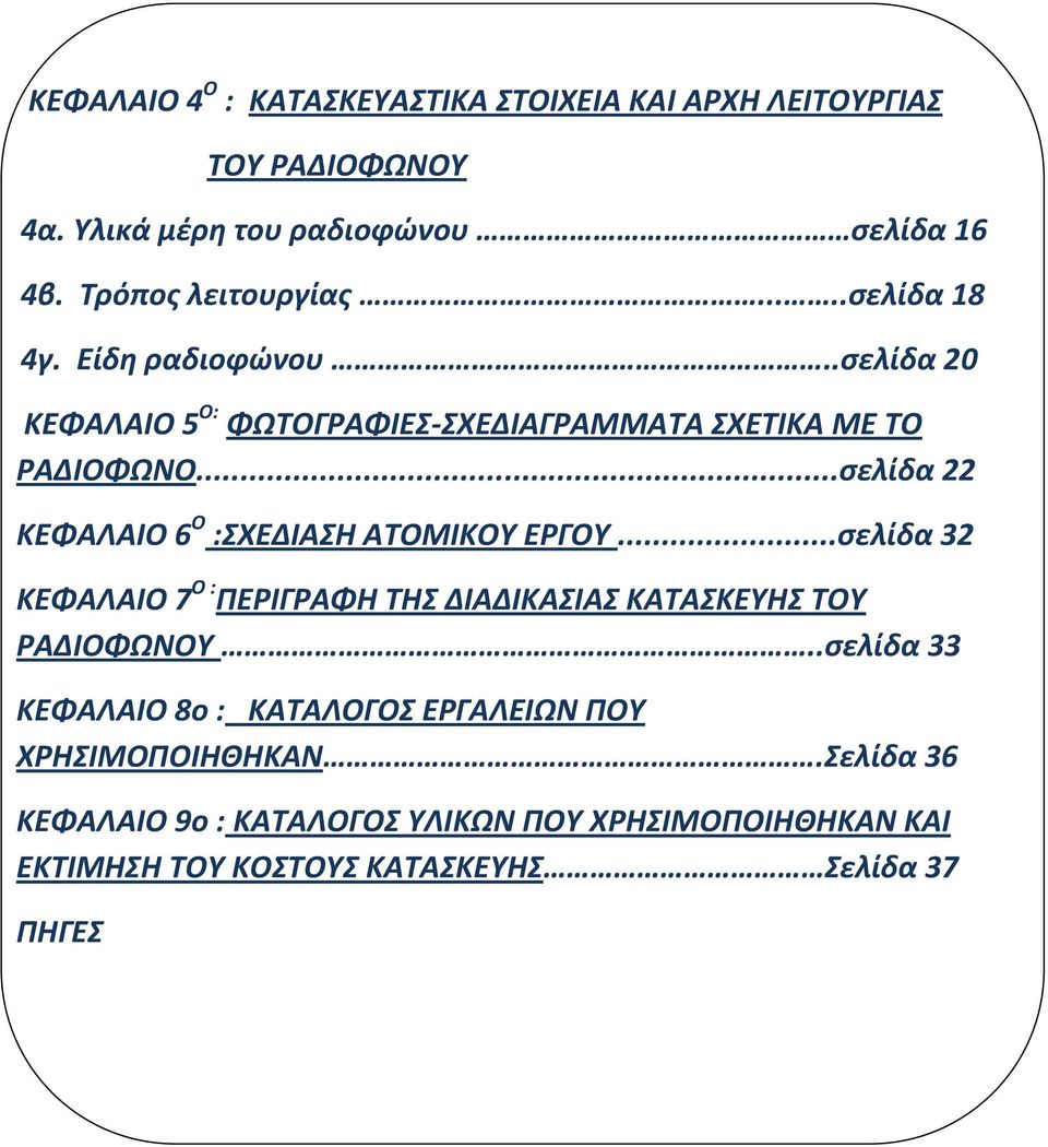 ..σελίδα 22 ΚΕΦΑΛΑΙΟ 6 Ο :ΣΧΕΔΙΑΣΗ ΑΤΟΜΙΚΟΥ ΕΡΓΟΥ...σελίδα 32 ΚΕΦΑΛΑΙΟ 7 Ο : ΠΕΡΙΓΡΑΦΗ ΤΗΣ ΔΙΑΔΙΚΑΣΙΑΣ ΚΑΤΑΣΚΕΥΗΣ ΤΟΥ ΡΑΔΙΟΦΩΝΟΥ.