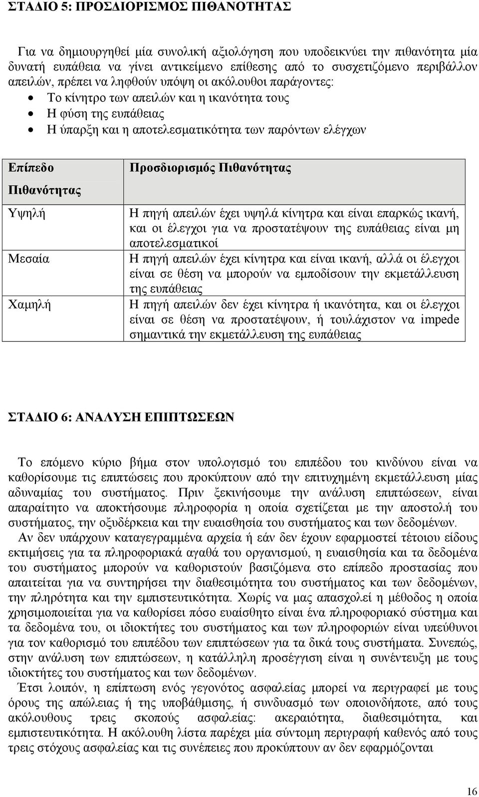 Υψηλή Μεσαία Χαμηλή Προσδιορισμός Πιθανότητας Η πηγή απειλών έχει υψηλά κίνητρα και είναι επαρκώς ικανή, και οι έλεγχοι για να προστατέψουν της ευπάθειας είναι μη αποτελεσματικοί Η πηγή απειλών έχει