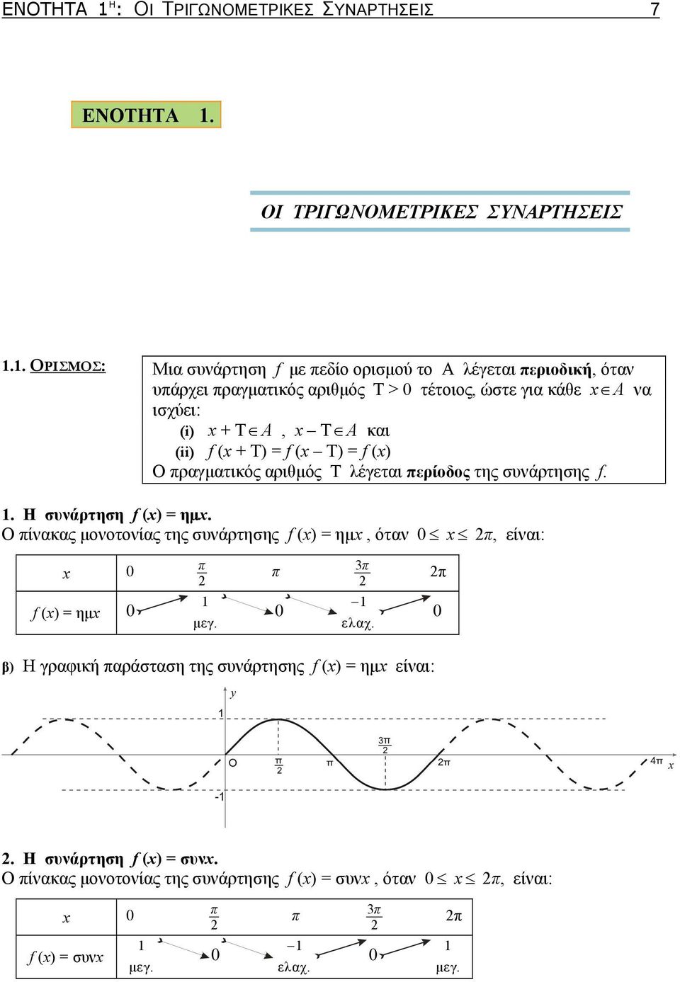 . ΟΡΙΣΜΟΣ: Μια συνάρτηση f με πεδίο ορισμού το Α λέγεται περιοδική, όταν υπάρχει πραγματικός αριθμός Τ > 0 τέτοιος, ώστε για κάθε Α να ισχύει: (i) + T Α, T
