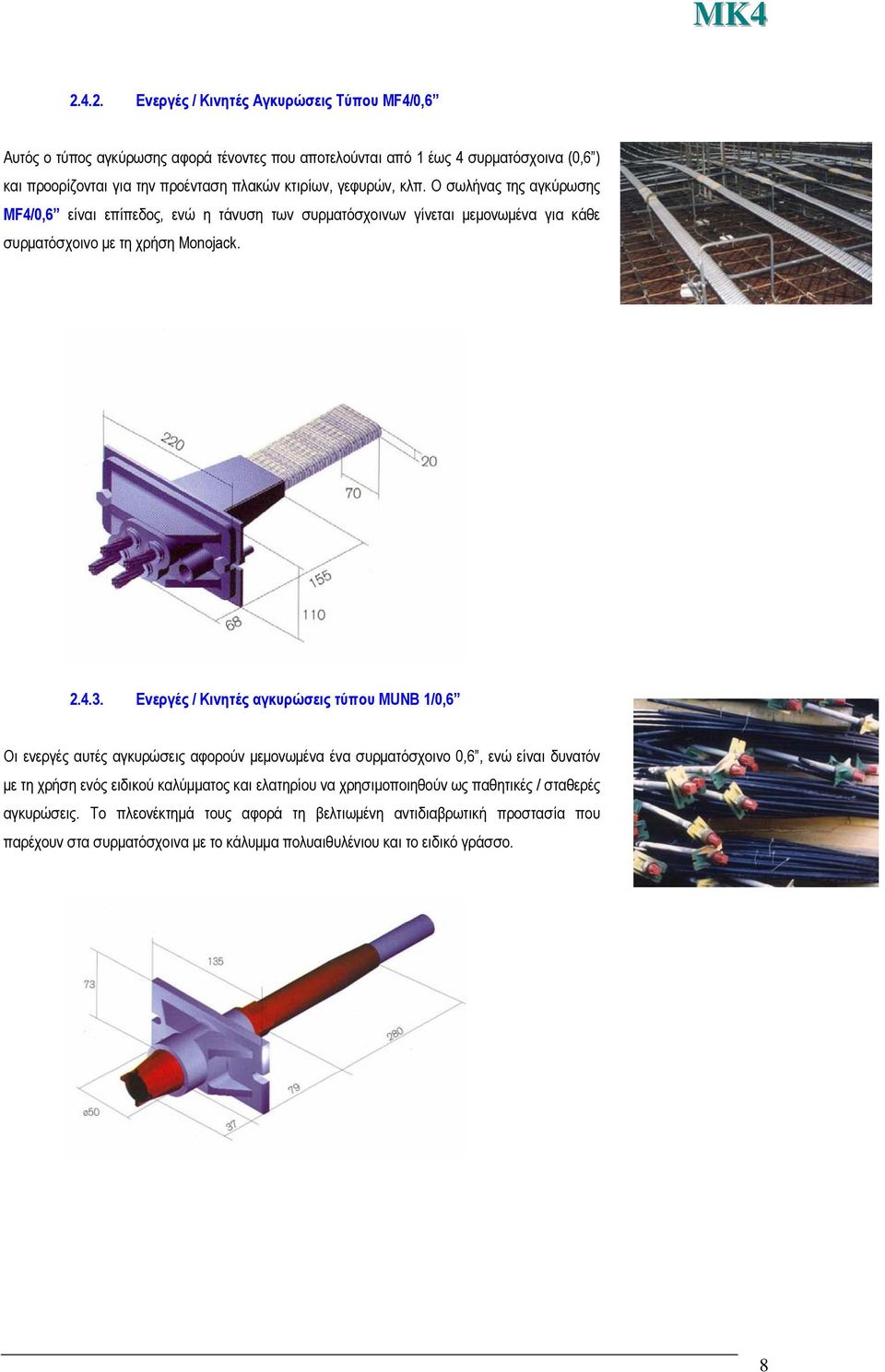 Ενεργές / Κινητές αγκυρώσεις τύπου MUNB 1/0,6 Οι ενεργές αυτές αγκυρώσεις αφορούν μεμονωμένα ένα συρματόσχοινο 0,6, ενώ είναι δυνατόν με τη χρήση ενός ειδικού καλύμματος και ελατηρίου