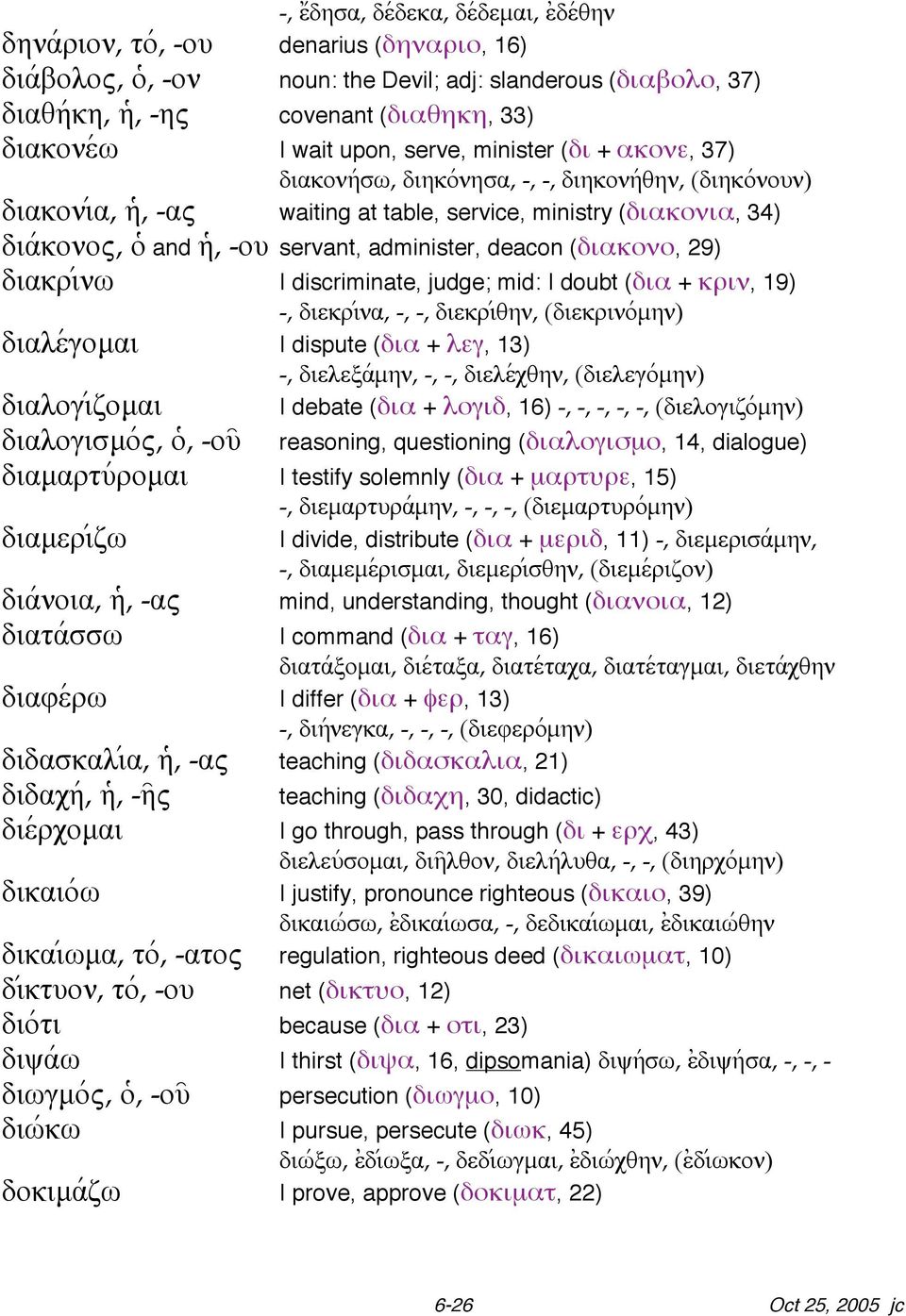 servant, administer, deacon (διακονο, 29) diakrivnw I discriminate, judge; mid: I doubt (δια + κριν, 19) -, diekrivna, -, -, diekrivqhn, (diekrinovmhn) dialevgomai I dispute (δια + λεγ, 13) -,