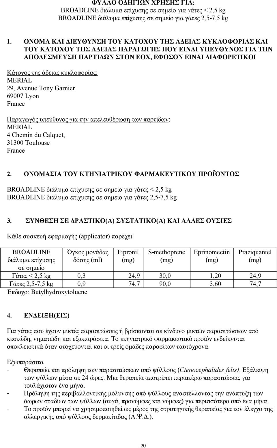 κυκλοφορίας: MERIAL 29, Avenue Tony Garnier 69007 Lyon France Παραγωγός υπεύθυνος για την απελευθέρωση των παρτίδων: MERIAL 4 Chemin du Calquet, 31300 Toulouse France 2.