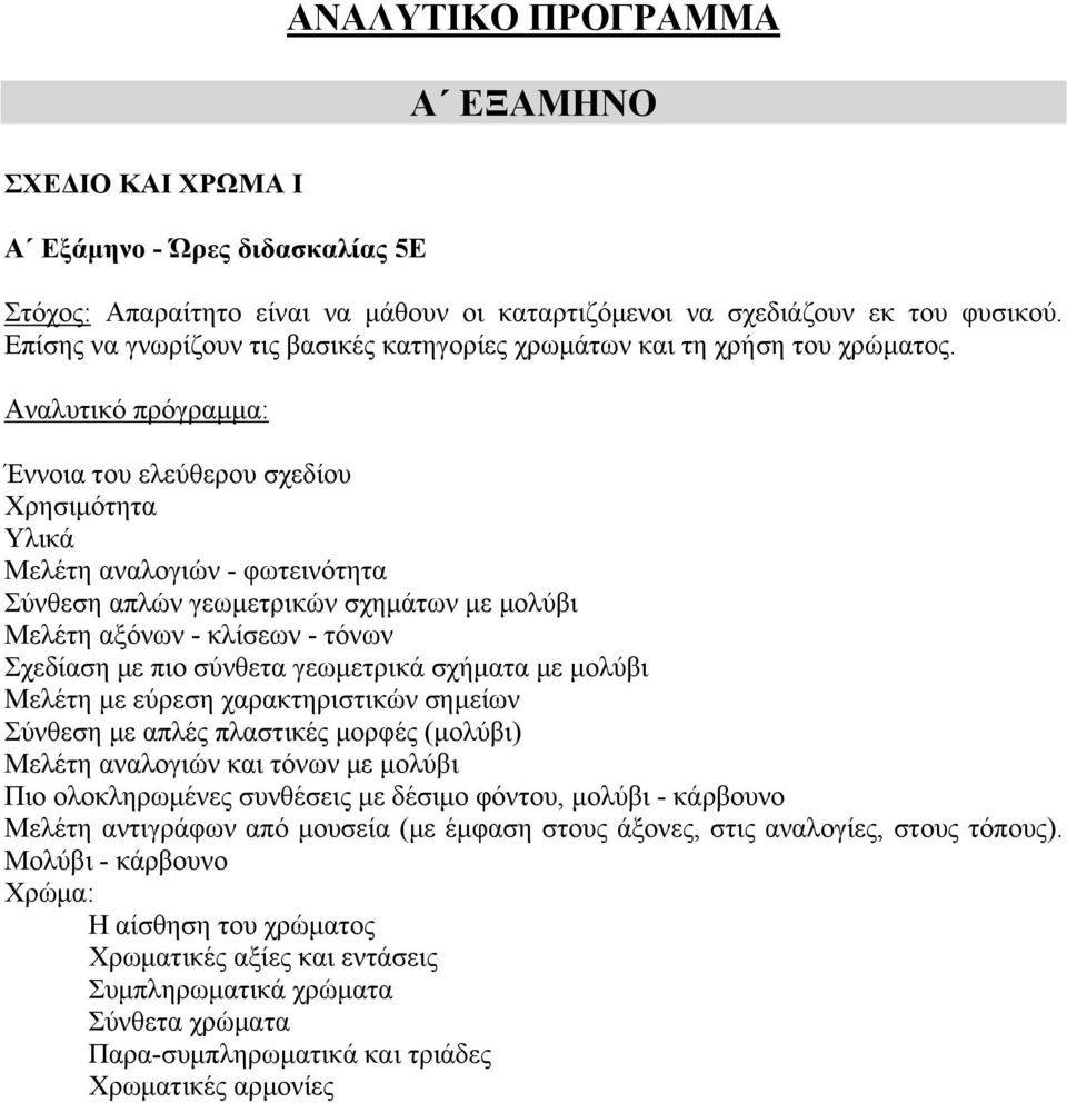 Έννοια του ελεύθερου σχεδίου Χρησιμότητα Υλικά Μελέτη αναλογιών - φωτεινότητα Σύνθεση απλών γεωμετρικών σχημάτων με μολύβι Μελέτη αξόνων - κλίσεων - τόνων Σχεδίαση με πιο σύνθετα γεωμετρικά σχήματα