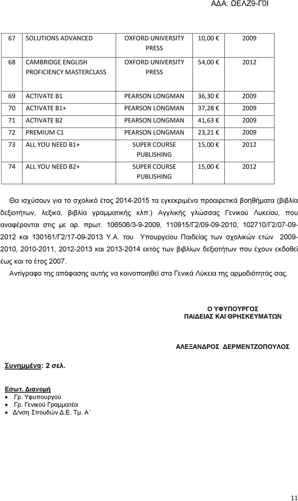 Θα ισχύσουν για το σχολικό έτος 2014-2015 τα εγκεκριμένα προαιρετικά βοηθήματα (βιβλία δεξιοτήτων, λεξικά, βιβλία γραμματικής κλπ.) Αγγλικής γλώσσας Γενικού Λυκείου, που αναφέρονται στις με αρ. πρωτ.