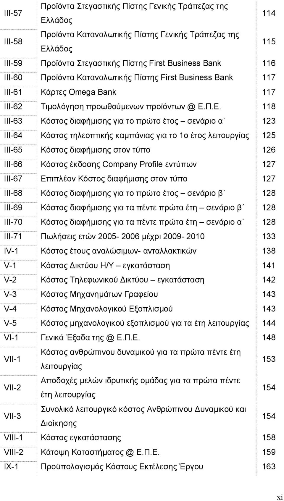 Π.Ε. 118 ΙΙΙ-63 Κόστος διαφήμισης για το πρώτο έτος σενάριο α 123 ΙΙΙ-64 Κόστος τηλεοπτικής καμπάνιας για το 1ο έτος λειτουργίας 125 ΙΙΙ-65 Κόστος διαφήμισης στον τύπο 126 ΙΙΙ-66 Κόστος έκδοσης