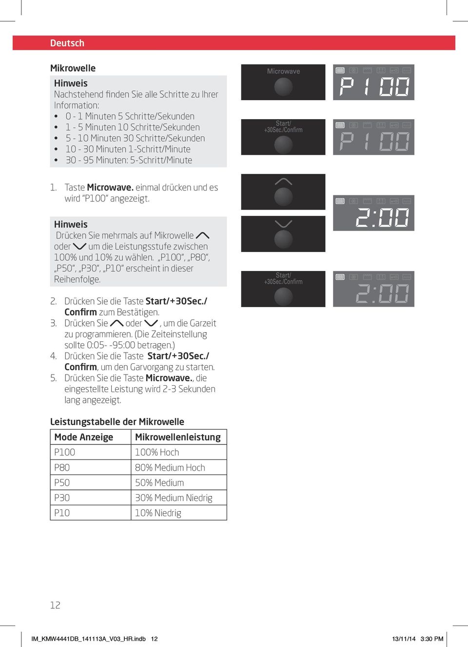 Hinweis Drücken Sie mehrmals auf Mikrowelle oder um die Leistunsstufe zwischen 100% und 10% zu wählen. P100, P80, P50, P30, P10 erscheint in dieser Reihenfole. 2. Drücken Sie die Taste Start/+30Sec.
