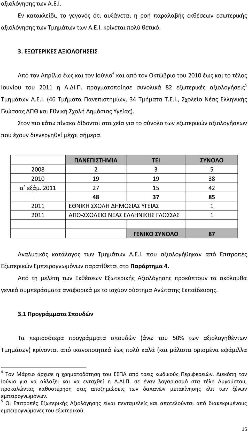 Ε.Ι. (46 Τμήματα Πανεπιστημίων, 34 Τμήματα Τ.Ε.Ι., Σχολείο Νέας Ελληνικής Γλώσσας ΑΠΘ και Εθνική Σχολή Δημόσιας Υγείας).