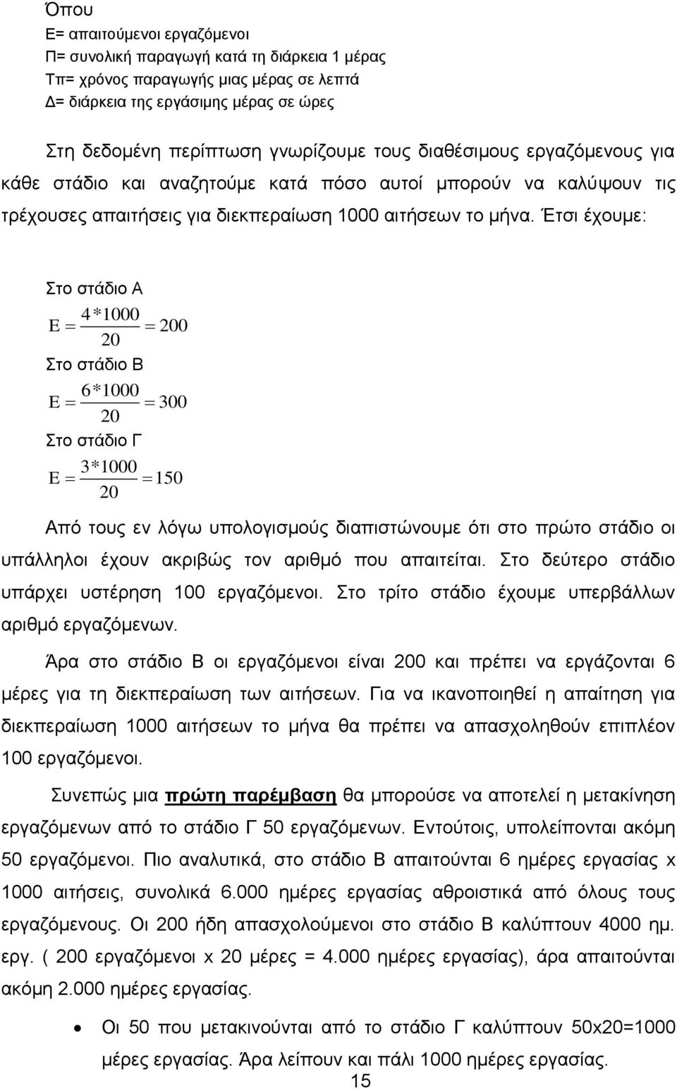 Έτσι έχουμε: Στο στάδιο Α 4*1000 E 200 20 Στο στάδιο Β 6*1000 E 300 20 Στο στάδιο Γ E 3*1000 150 20 Από τους εν λόγω υπολογισμούς διαπιστώνουμε ότι στο πρώτο στάδιο οι υπάλληλοι έχουν ακριβώς τον