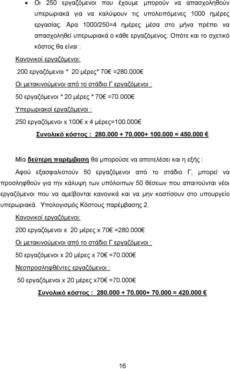 000 Οι μετακινούμενοι από το στάδιο Γ εργαζόμενοι : 50 εργαζόμενοι * 20 μέρες * 70 =70.000 Υπερωριακοί εργαζόμενοι : 250 εργαζόμενοι x 100 x 4 μέρες=100.000 Συνολικό κόστος : 280.000 + 70.000+ 100.