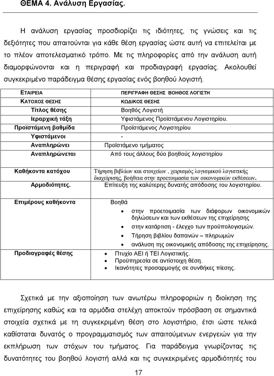 Με τις πληροφορίες από την ανάλυση αυτή διαμορφώνονται και η περιγραφή και προδιαγραφή εργασίας. Ακολουθεί συγκεκριμένο παράδειγμα θέσης εργασίας ενός βοηθού λογιστή.