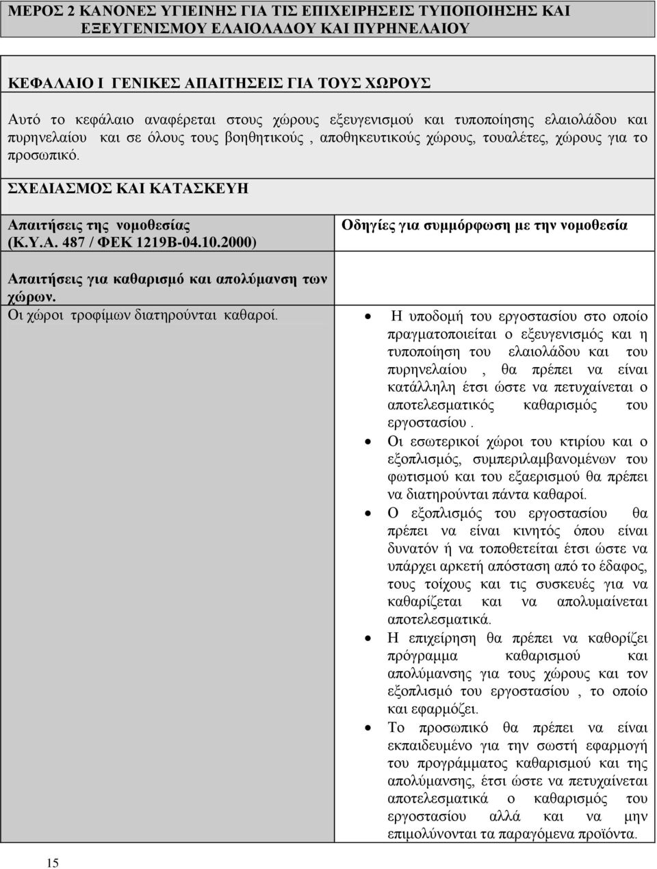 Υ.Α. 487 / ΦΕΚ 1219Β-04.10.2000) Οδηγίες για συμμόρφωση με την νομοθεσία Απαιτήσεις για καθαρισμό και απολύμανση των χώρων. Οι χώροι τροφίμων διατηρούνται καθαροί.