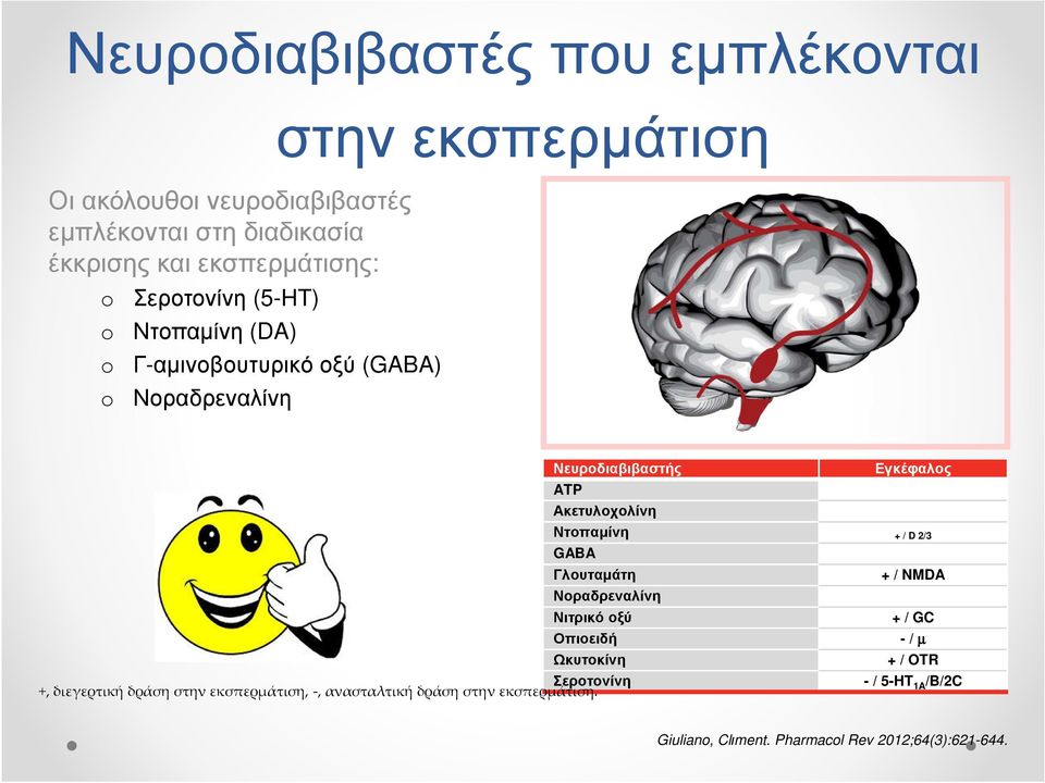Εγκέφαλος Ντοπαµίνη + / D 2/3 GABA Γλουταµάτη + / NMDA Νοραδρεναλίνη Νιτρικό οξύ + / GC Οπιοειδή - / µ Ωκυτοκίνη + / OTR Σεροτονίνη
