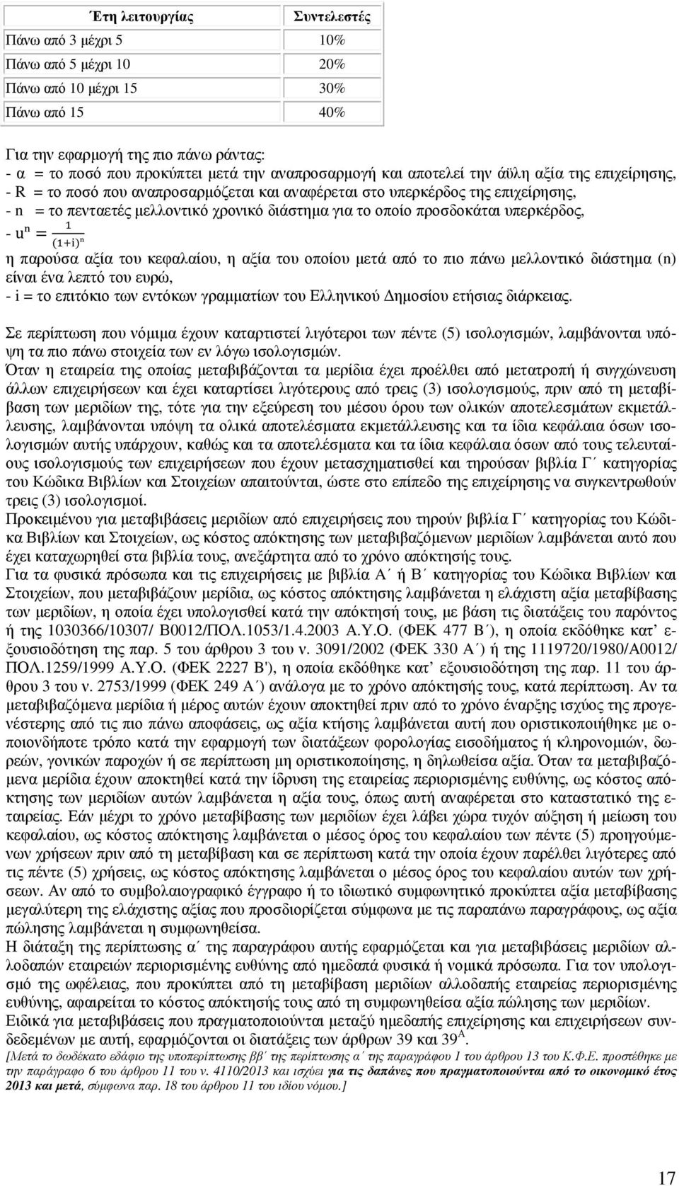 προσδοκάται υπερκέρδος, - uⁿ= ( )ⁿ η παρούσα αξία του κεφαλαίου, η αξία του οποίου µετά από το πιο πάνω µελλοντικό διάστηµα (n) είναι ένα λεπτό του ευρώ, - i = το επιτόκιο των εντόκων γραµµατίων του