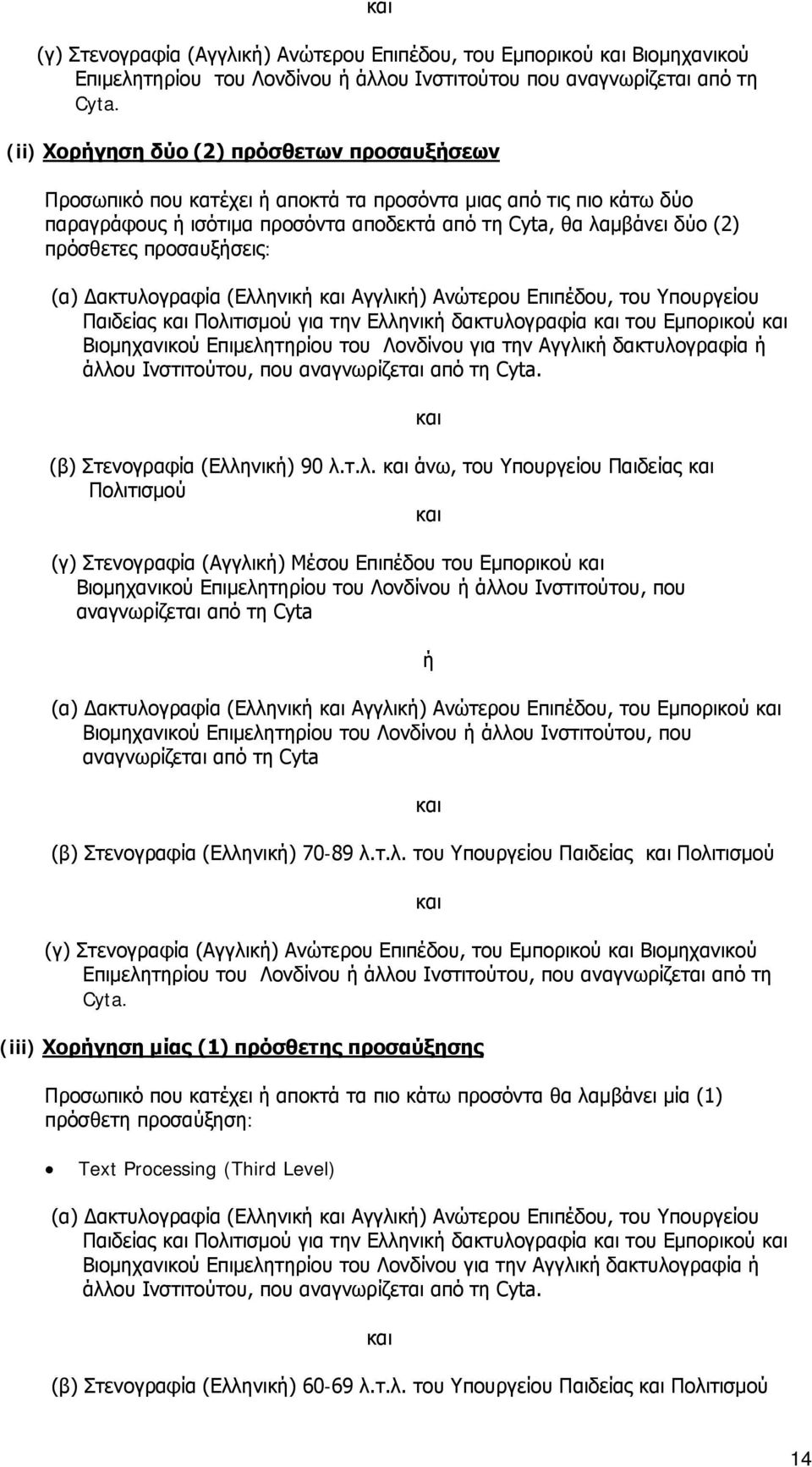 προσαυξήσεις: (α) Δακτυλογραφία (Ελληνική και Αγγλική) Ανώτερου Επιπέδου, του Υπουργείου Παιδείας και Πολιτισμού για την Ελληνική δακτυλογραφία και του Εμπορικού και Βιομηχανικού Επιμελητηρίου του