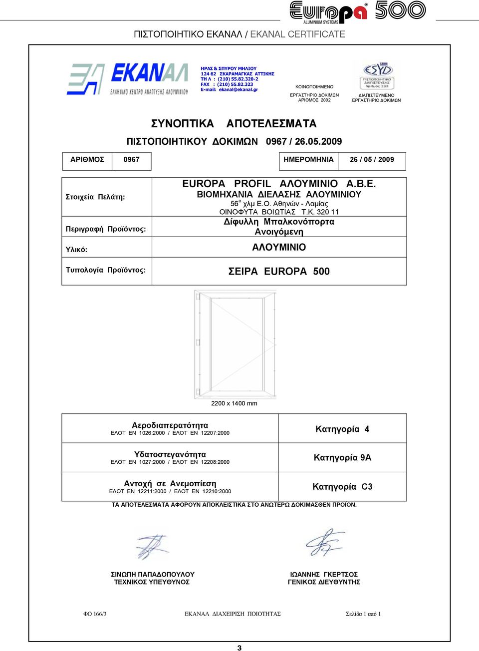 2009 ΑΡΙΘΜΟΣ 0967 ΗΜΕΡΟΜΗΝΙΑ 26 / 05 / 2009 Στοιχεία Πελάτη: Περιγραφή Προϊόντος: Υλικό: EUROPA PROFIL ΑΛΟΥΜΙΝΙΟ Α.Β.Ε. ΒΙΟΜΗΧΑΝΙΑ ΙΕΛΑΣΗΣ ΑΛΟΥΜΙΝΙΟΥ 56 ο χλµ Ε.Ο. Αθηνών - Λαµίας ΟΙΝΟΦΥΤΑ ΒΟΙΩΤΙΑΣ Τ.