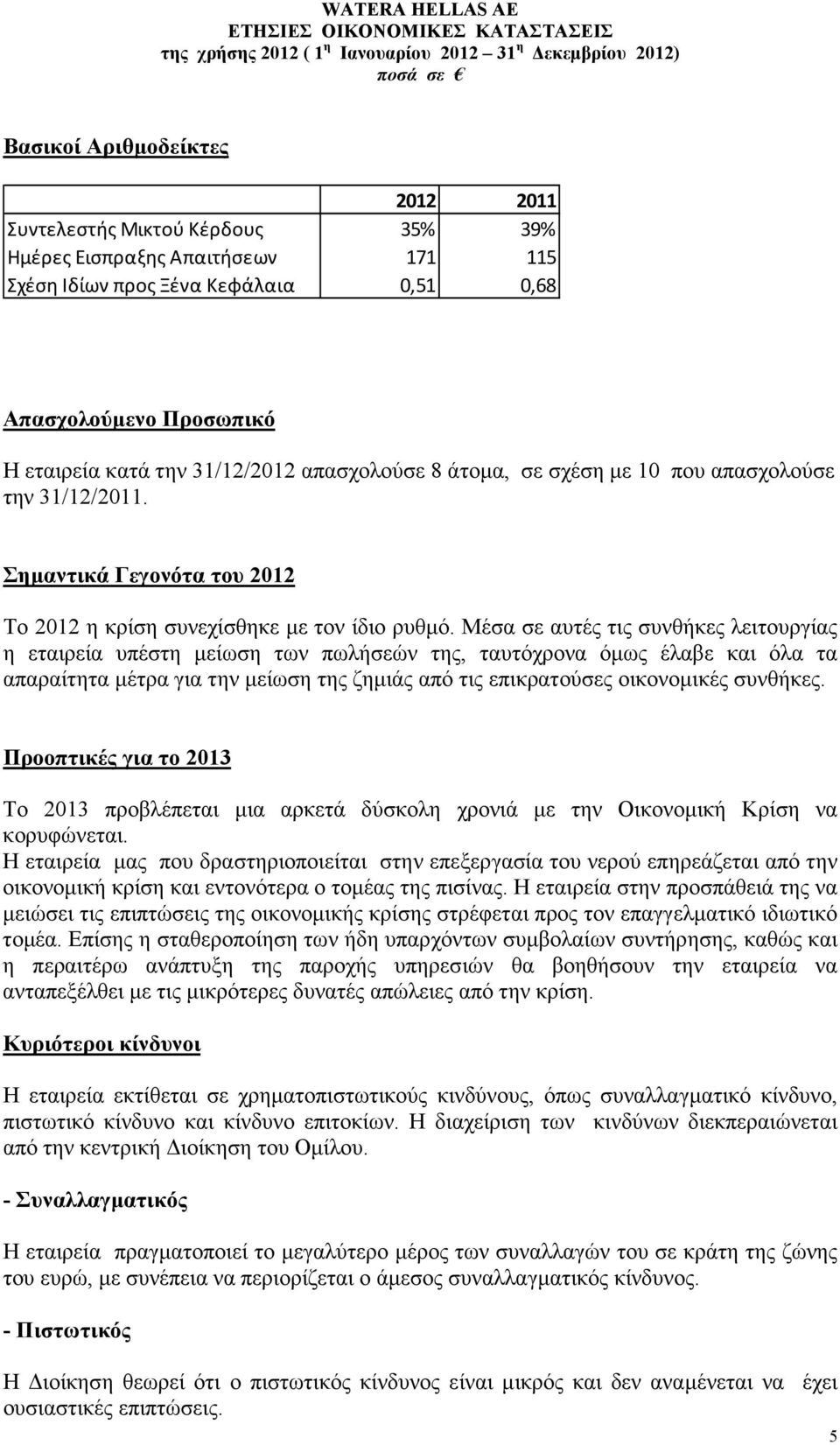 Μέσα σε αυτές τις συνθήκες λειτουργίας η εταιρεία υπέστη µείωση των πωλήσεών της, ταυτόχρονα όµως έλαβε και όλα τα απαραίτητα µέτρα για την µείωση της ζηµιάς από τις επικρατούσες οικονοµικές συνθήκες.