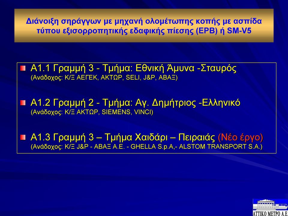 2 Γραμμή 2 - Τμήμα: Αγ. Δημήτριος -Ελληνικό (Ανάδοχος: Κ/Ξ ΑΚΤΩΡ, SIEMENS, VINCI) Α1.