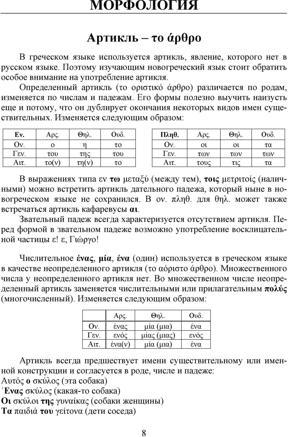 Его формы полезно выучить наизусть еще и потому, что он дублирует окончания некоторых видов имен существительных. Изменяется следующим образом: Εν. Αρς. Θηλ. Ουδ. Πληθ. Αρς. Θηλ. Ουδ. Ον. ο η το Ον.