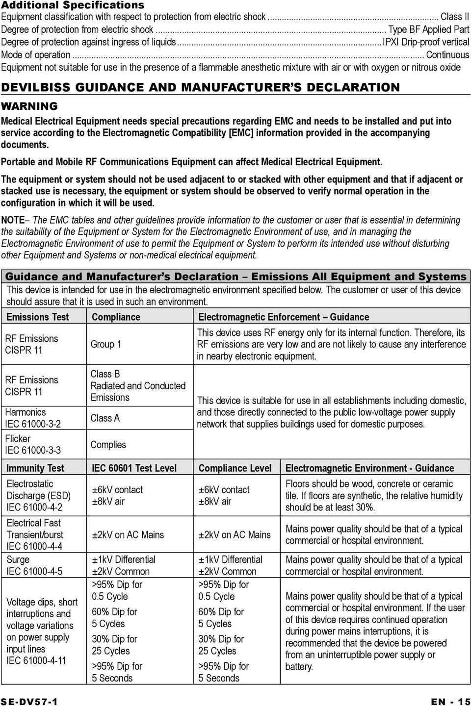 .. Continuous Equipment not suitable for use in the presence of a flammable anesthetic mixture with air or with oxygen or nitrous oxide DeVilbiss guidance and manufacturer s Declaration WARNING