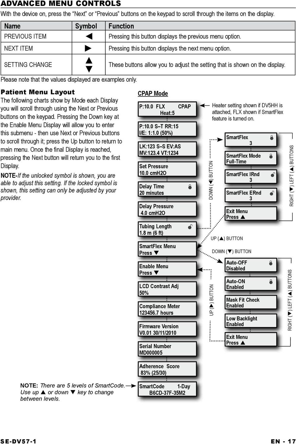 SETTING CHANGE h i Please note that the values displayed are examples only.