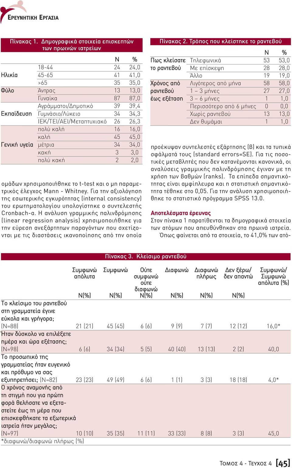 34,3 ΙΕΚ/ΤΕΙ/AEI/Μεταπτυχιακό 26 26,3 πολύ καλή 16 16,0 καλή 45 45,0 Γενική υγεία µέτρια 34 34,0 κακή 3 3,0 πολύ κακή 2 2,0 οµάδων χρησιµοποιήθηκε το t-test και o µη παραµετρικός έλεγχος Mann -