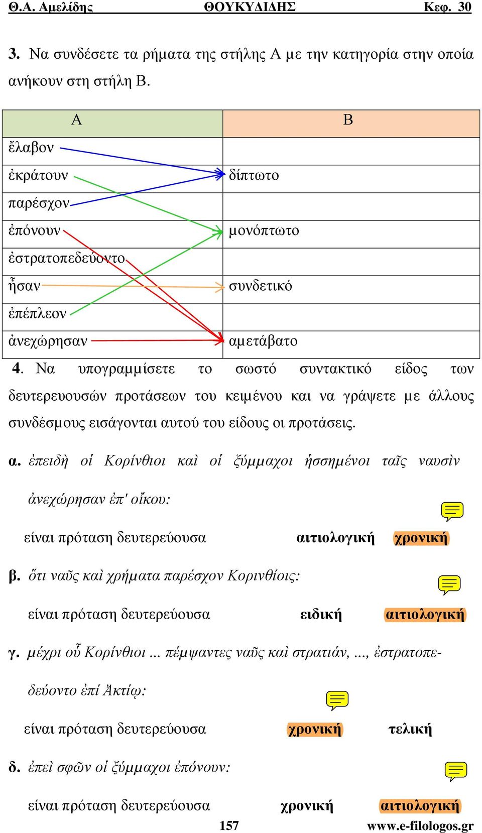 Να υπογραµµίσετε το σωστό συντακτικό είδος των δευτερευουσών προτάσεων του κειµένου και να γράψετε µε άλλους συνδέσµους εισάγονται αυ