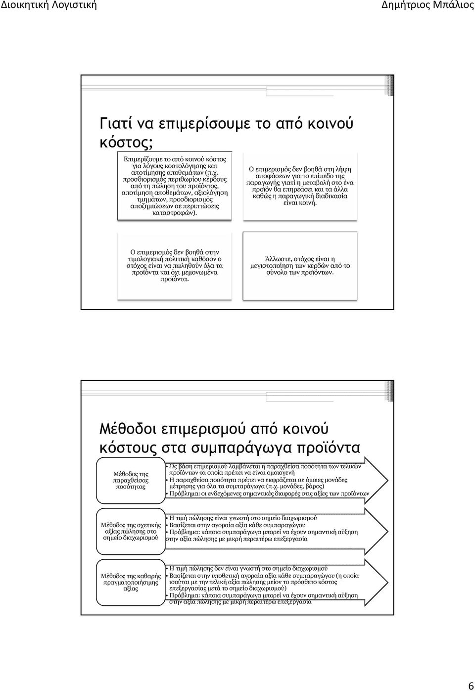 Ο επιμερισμός δεν βοηθά στη λήψη αποφάσεων για το επίπεδο της παραγωγής γιατί η μεταβολή στο ένα προϊόν θα επηρεάσει και τα άλλα καθώς η παραγωγική διαδικασία είναι κοινή.