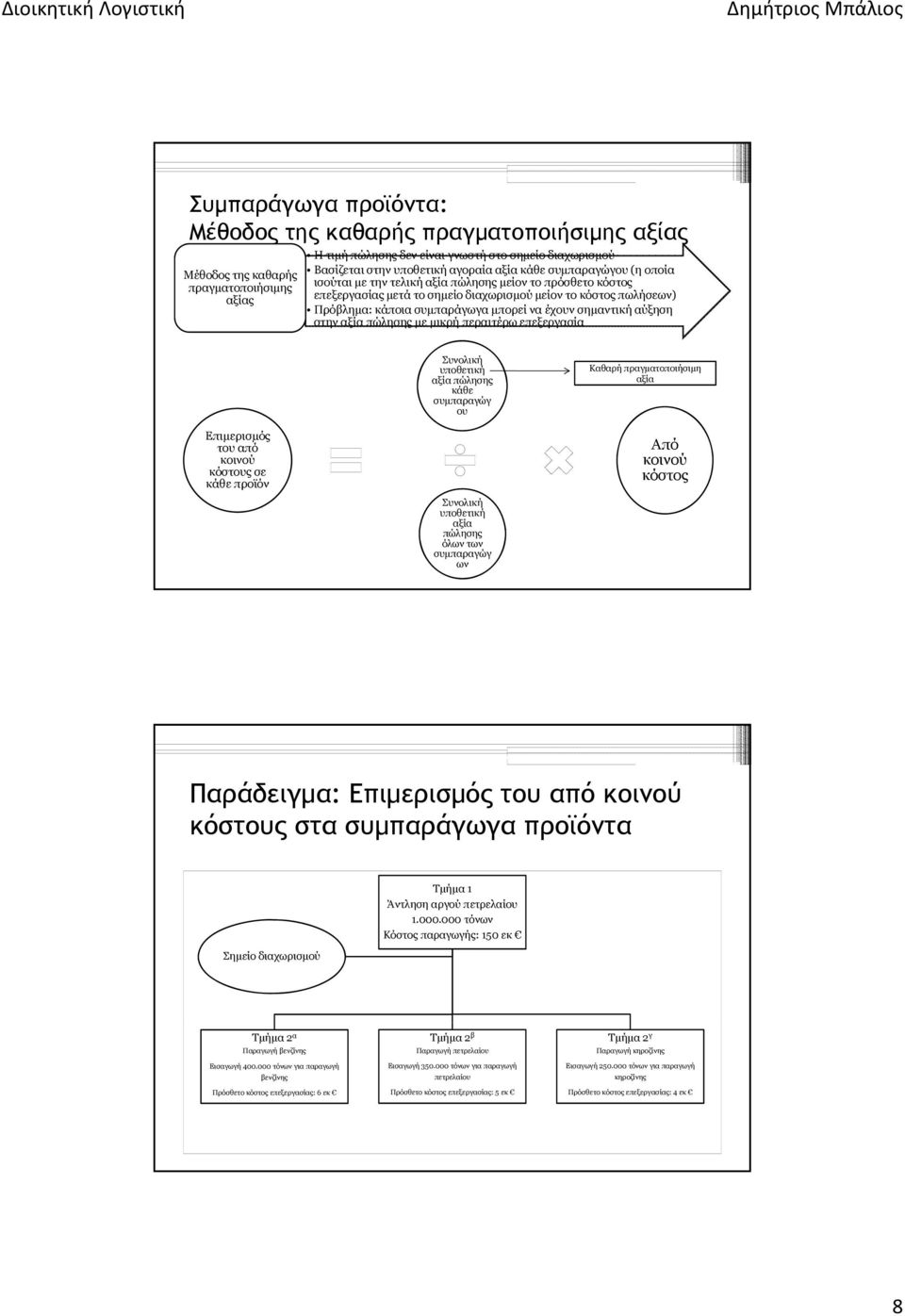 μικρή περαιτέρω επεξεργασία Επιμερισμός μρ μς του από κόστους σε κάθε προϊόν υποθετική αξία πώλησης κάθε ου υποθετική αξία πώλησης όλων των ων Καθαρή πραγματοποιήσιμη αξία Από Παράδειγμα: Επιμερισμός