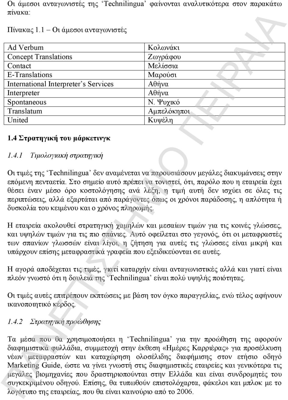 Στρατηγική του μάρκετινγκ 1.4.1 Τιμολογιακή στρατηγική Κολωνάκι Ζωγράφου Μελίσσια Μαρούσι Αθήνα Αθήνα Ν.