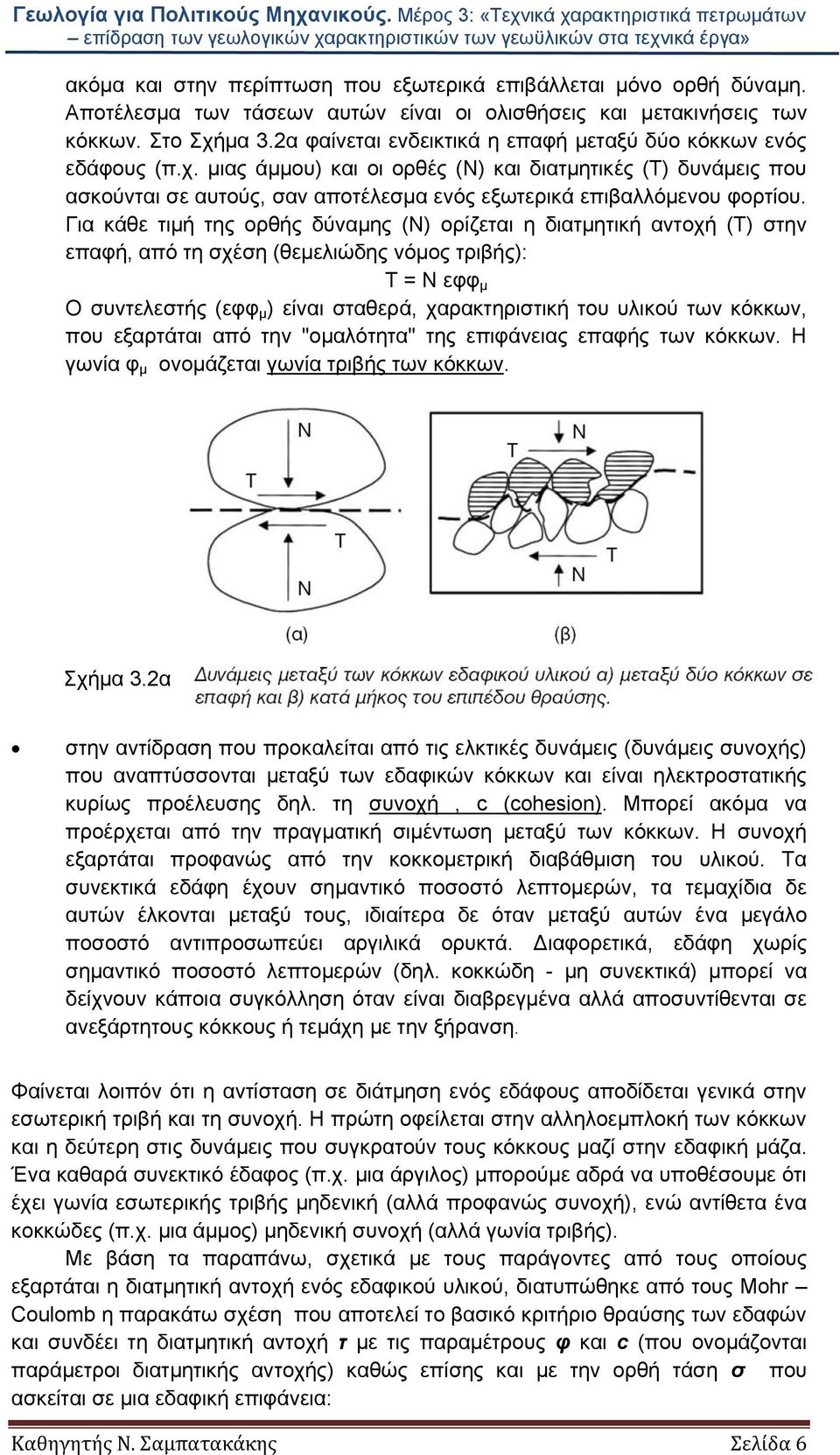 μιας άμμου) και οι ορθές (Ν) και διατμητικές (Τ) δυνάμεις που ασκούνται σε αυτούς, σαν αποτέλεσμα ενός εξωτερικά επιβαλλόμενου φορτίου.