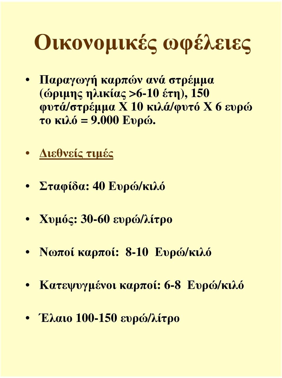 ιεθνείς τιµές Σταφίδα: 40Ευρώ/κιλό Χυµός: 30-60 ευρώ/λίτρο Νωποί