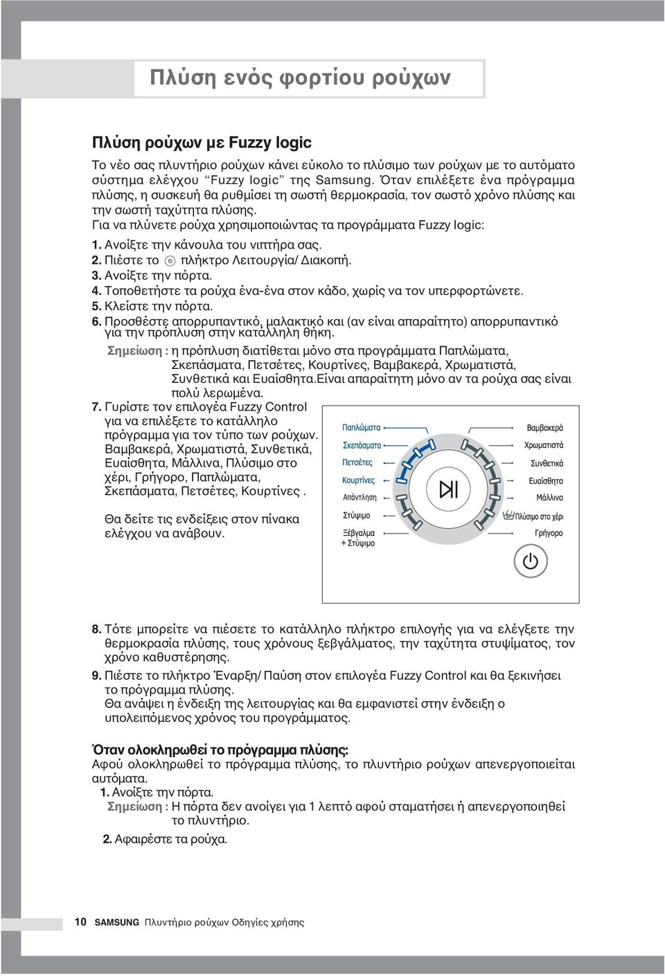 Για να πλύνετε ρούχα χρησιµοποιώντας τα προγράµµατα Fuzzy logic: 1. Ανοίξτε την κάνουλα του νιπτήρα σας. 2. Πιέστε το πλήκτρο Λειτουργία/ ιακοπή. 3. Ανοίξτε την πόρτα. 4.