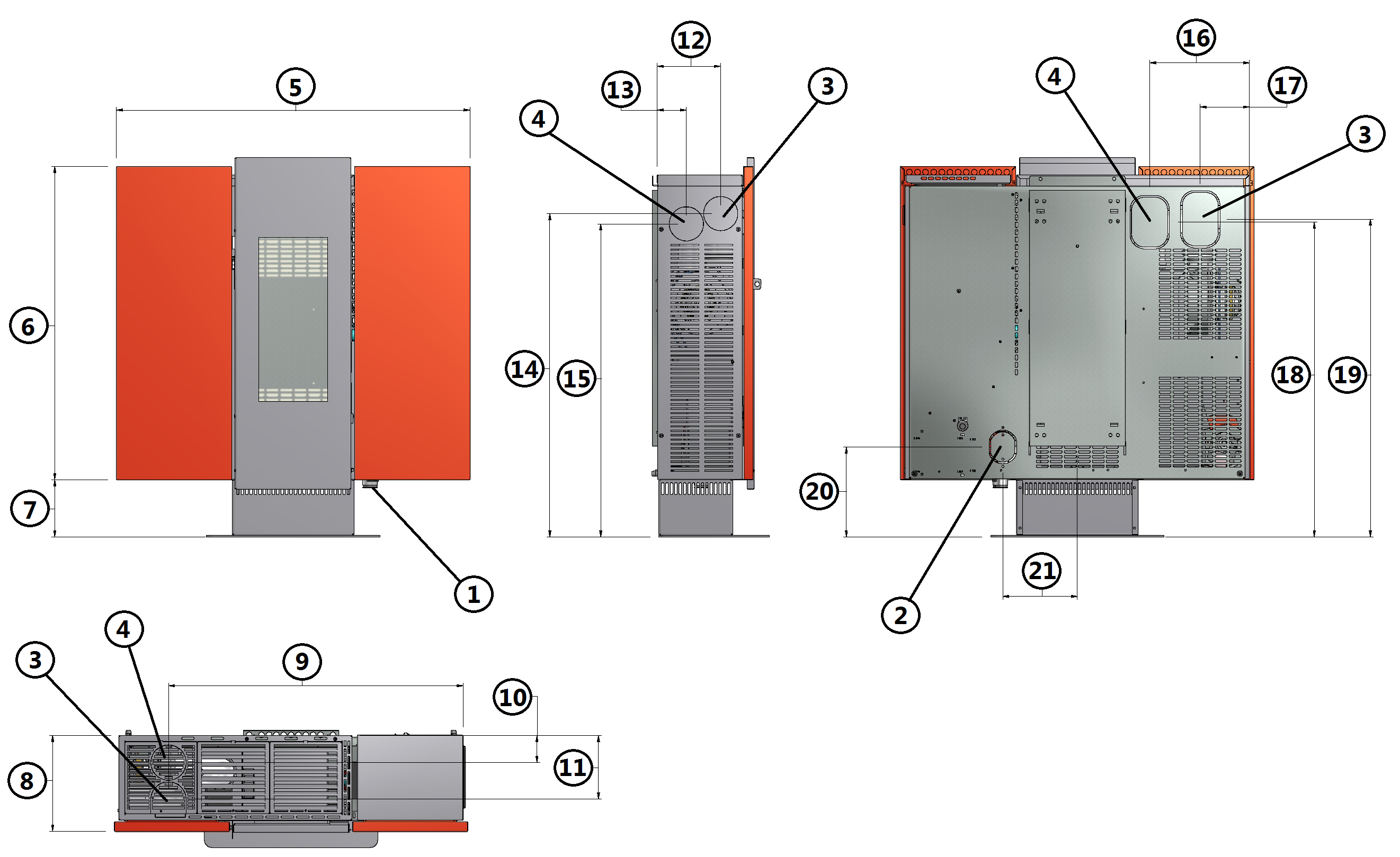 9.2 ΓΕΝΙΚΕΣ ΔΙΑΣΤΑΣΕΙΣ EL Fig. 12 - Γενικές διαστάσεις LEGEND 1 Τρύπα εισόδου αέρα από το εσωτερικό περιβάλλον d.4 cm 2 Τρύπα εισόδου αέρα από το εξωτερικό περιβάλλον d.4 cm 3 Εξαγωγή καυσαερίων d.