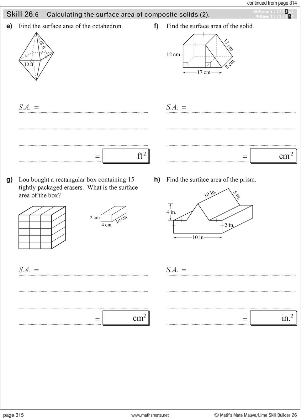 continued fom page 314 18 ft 13 cm 1 cm 10 ft 17 cm = ft = g) Lou bought a ectangula box containing 15