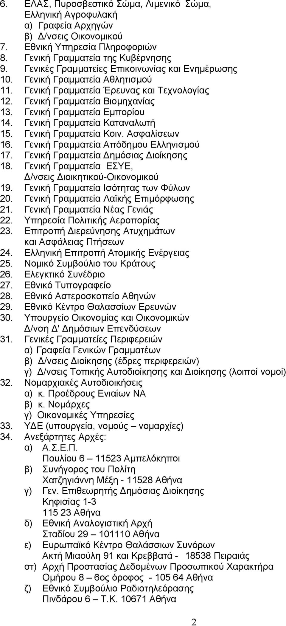 Γενική Γραμματεία Καταναλωτή 15. Γενική Γραμματεία Κοιν. Ασφαλίσεων 16. Γενική Γραμματεία Απόδημου Ελληνισμού 17. Γενική Γραμματεία Δημόσιας Διοίκησης 18.