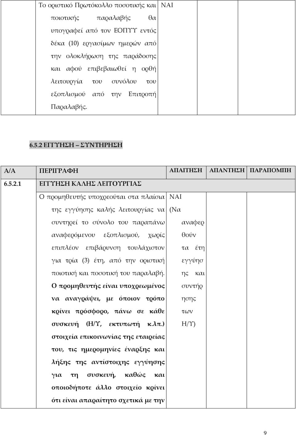 ΕΓΓΥΗΣΗ ΣΥΝΤΗΡΗΣΗ Α/Α ΠΕΡΙΓΡΑΦΗ ΑΠΑΙΤΗΣΗ ΑΠΑΝΤΗΣΗ ΠΑΡΑΠΟΜΠΗ 6.5.2.