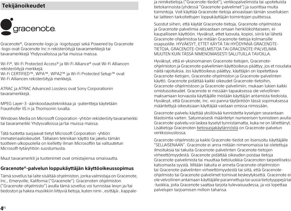 ATRAC ja ATRAC Advanced Lossless ovat Sony Corporationin tavaramerkkejä. MPEG Layer-3 -äänikoodaustekniikkaa ja -patentteja käytetään Fraunhofer IIS:n ja Thomsonin luvalla.