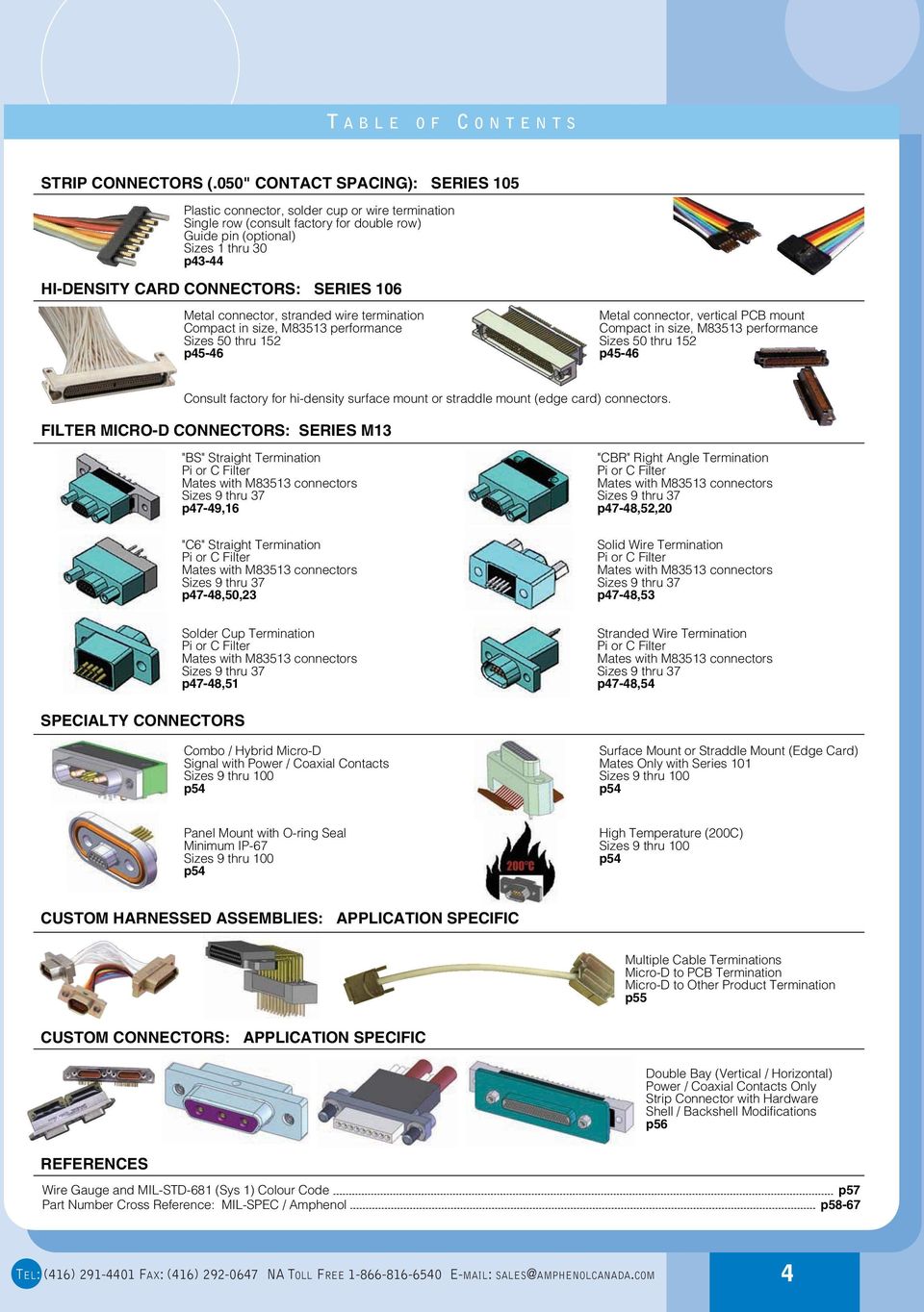 connector, stranded wire termination ompact in size, M83513 performance Sizes 50 thru 152 p45-46 Metal connector, vertical P mount ompact in size, M83513 performance Sizes 50 thru 152 p45-46 onsult