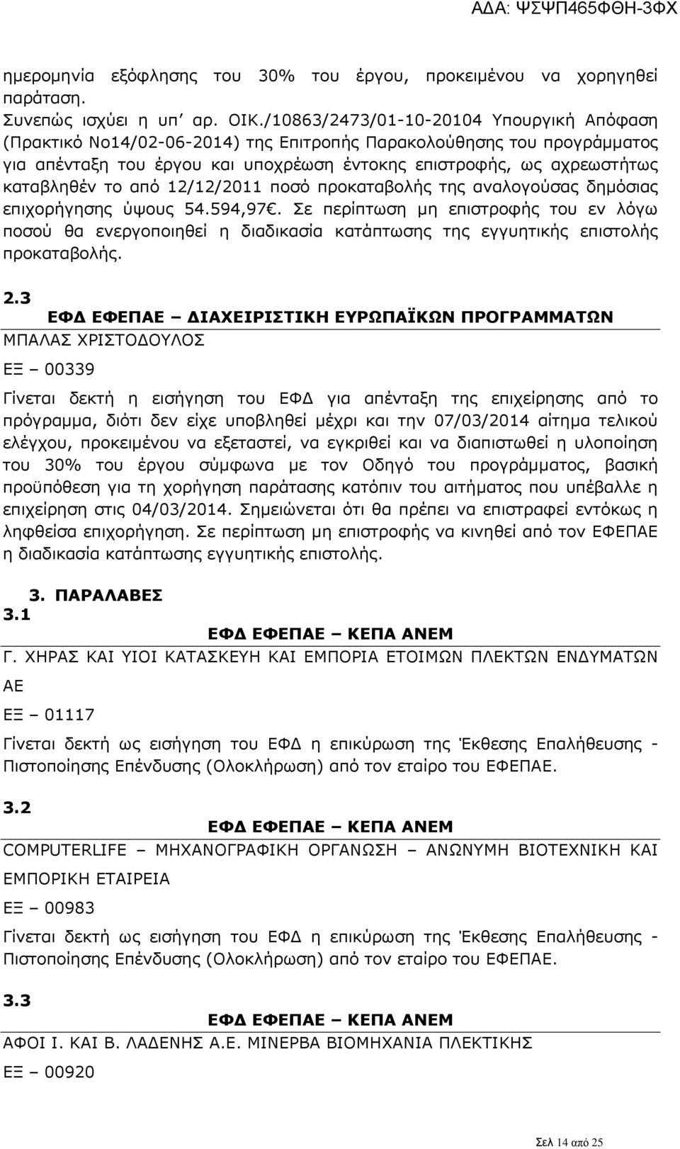 το από 12/12/2011 ποσό προκαταβολής της αναλογούσας δημόσιας επιχορήγησης ύψους 54.594,97.