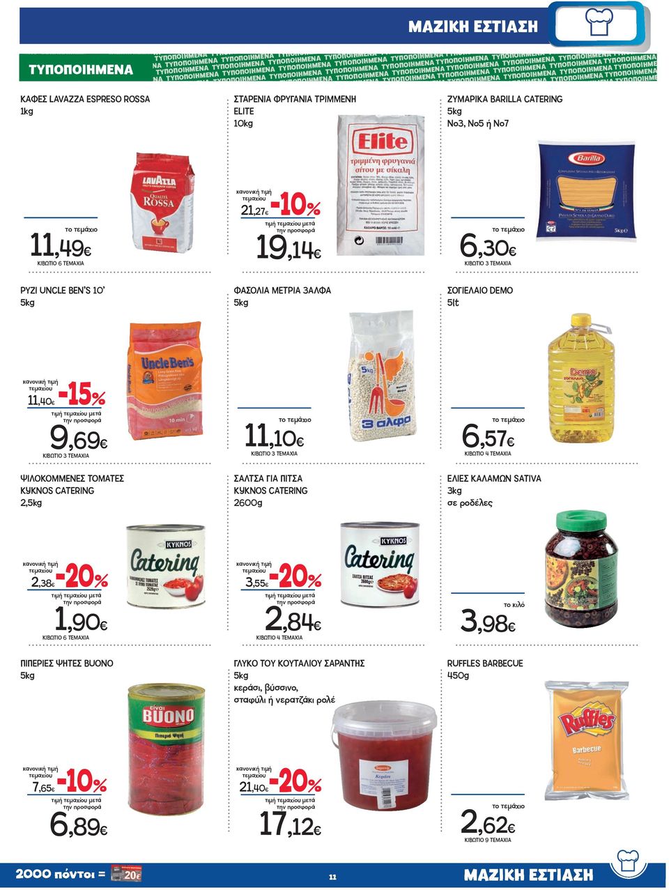 3 ΤΕΜΑΧΙΑ ΣΑΛΤΣΑ ΓΙΑ ΠΙΤΣΑ KYKNOS CATERING 600g 6,57 ΚΙΒΩΤΙΟ 4 ΤΕΜΑΧΙΑ ΕΛΙΕΣ ΚΑΛΑΜΩΝ SATIVA 3kg σε ροδέλες,38-0 1,90 ΚΙΒΩΤΙΟ 6 ΤΕΜΑΧΙΑ ΠΙΠΕΡΙΕΣ ΨΗΤΕΣ BUONO 5kg 3,55-0,84 ΚΙΒΩΤΙΟ 4