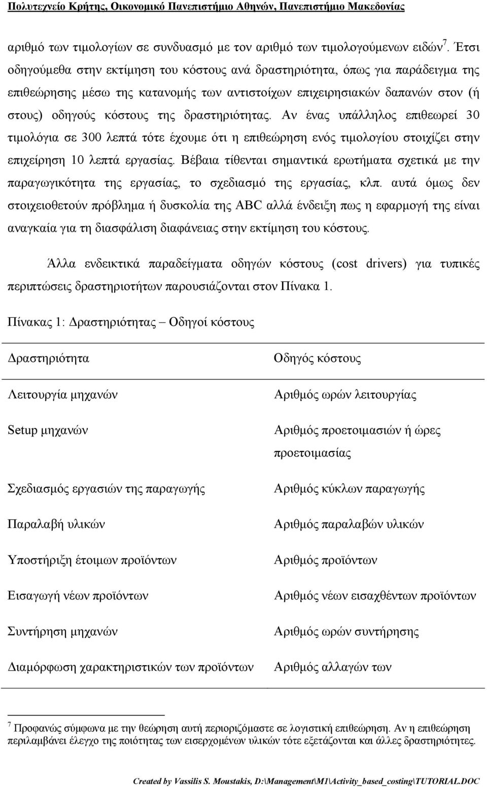 δραστηριότητας. Αν ένας υπάλληλος επιθεωρεί 30 τιμολόγια σε 300 λεπτά τότε έχουμε ότι η επιθεώρηση ενός τιμολογίου στοιχίζει στην επιχείρηση 10 λεπτά εργασίας.