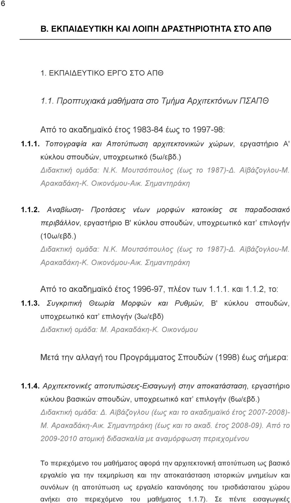 Αναβίωση- Προτάσεις νέων µορφών κατοικίας σε παραδοσιακό περιβάλλον, εργαστήριο Β' κύκλου σπουδών, υποχρεωτικό κατ επιλογήν (10ω/εβδ.) Διδακτική οµάδα: Ν.Κ. Μουτσόπουλος (έως το 1987)-Δ. Αϊβάζογλου-Μ.