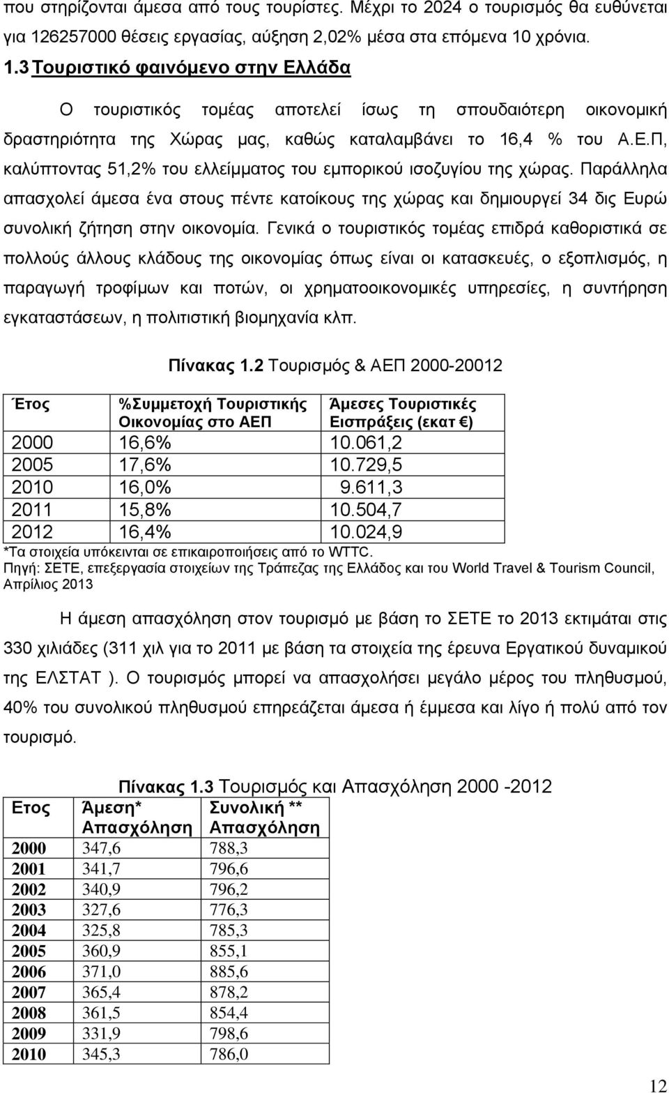 χρόνια. 1.3 Τουριστικό φαινόμενο στην Ελλάδα Ο τουριστικός τομέας αποτελεί ίσως τη σπουδαιότερη οικονομική δραστηριότητα της Χώρας μας, καθώς καταλαμβάνει το 16,4 % του Α.Ε.Π, καλύπτοντας 51,2% του ελλείμματος του εμπορικού ισοζυγίου της χώρας.