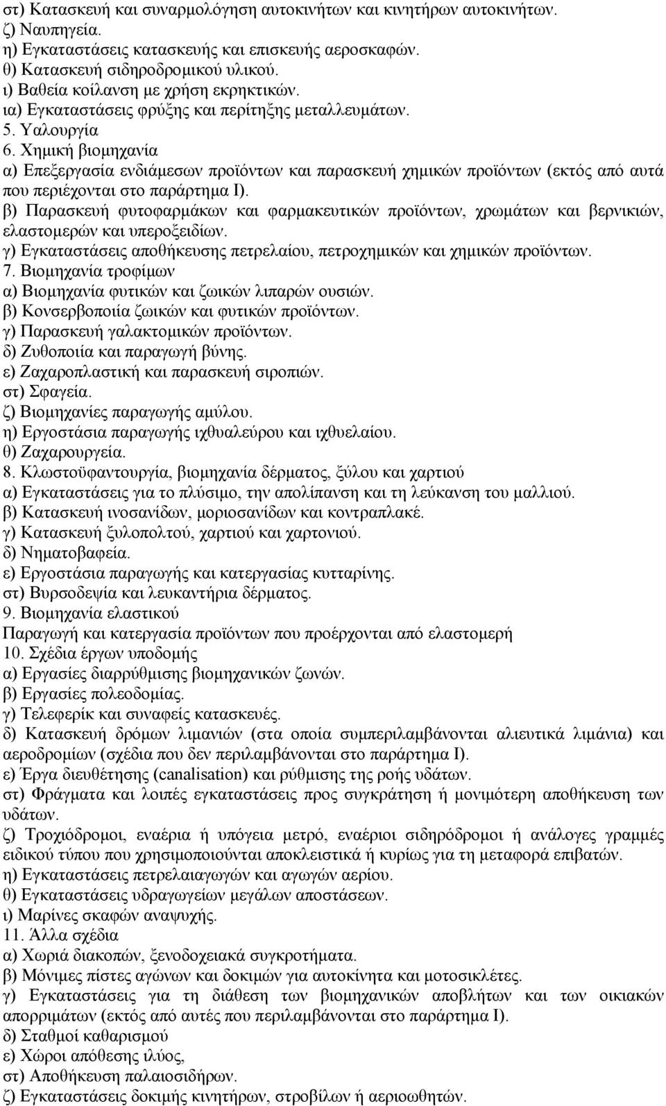 Χηµική βιοµηχανία α) Επεξεργασία ενδιάµεσων προϊόντων και παρασκευή χηµικών προϊόντων (εκτός από αυτά που περιέχονται στο παράρτηµα Ι).