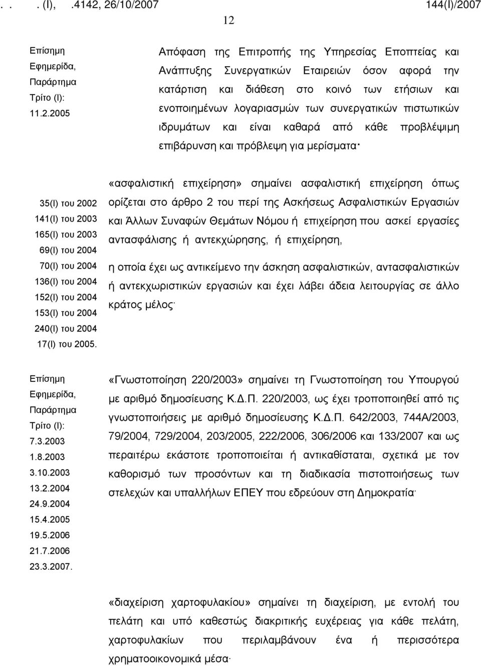 70(Ι) του 2004 136(Ι) του 2004 152(Ι) του 2004 153(Ι) του 2004 240(Ι) του 2004 17(I) του 2005.