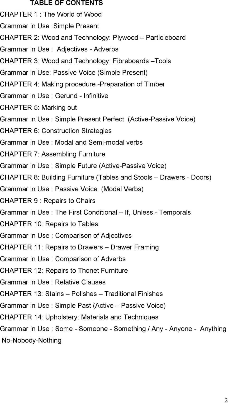 Use : Simple Present Perfect (Active-Passive Voice) CHAPTER 6: Construction Strategies Grammar in Use : Modal and Semi-modal verbs CHAPTER 7: Assembling Furniture Grammar in Use : Simple Future