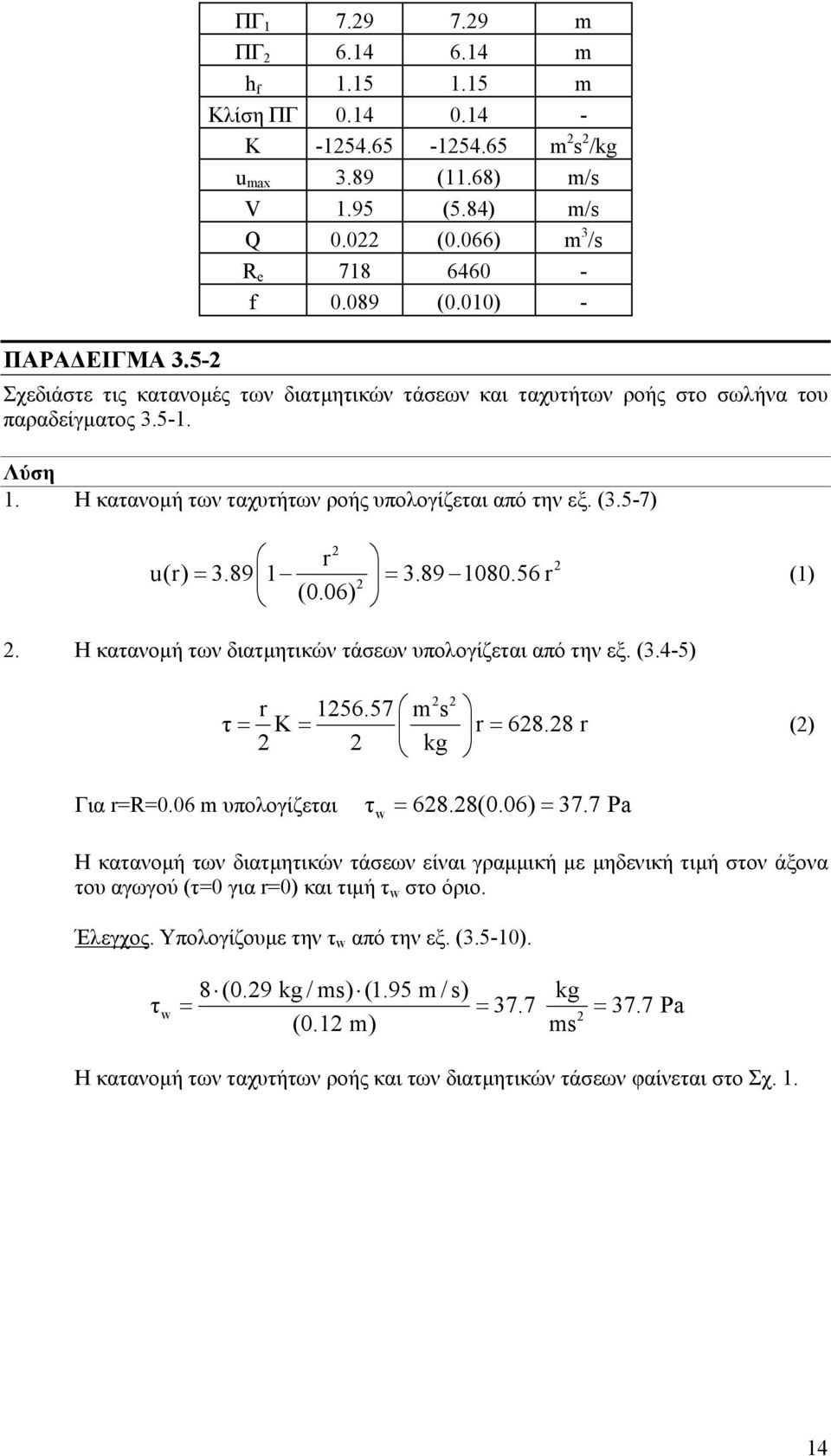 89 1080.56 r (0.06) (1). Η κατανοµή των διατµητικών τάσεων υπολογίζεται από την εξ. (3.4-5) r 156.57 m s τ = K = r = 68.8 r kg () Για r=r=0.06 m υπολογίζεται τw = 68.8(0.06) = 37.