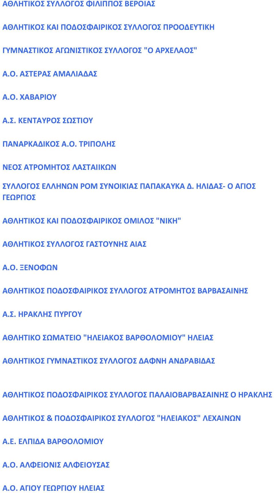 Σ. ΗΡΑΚΛΗΣ ΠΥΡΓΟΥ ΑΘΛΗΤΙΚΟ ΣΩΜΑΤΕΙΟ "ΗΛΕΙΑΚΟΣ ΒΑΡΘΟΛΟΜΙΟΥ" ΗΛEΙΑΣ ΑΘΛΗΤΙΚΟΣ ΓΥΜΝΑΣΤΙΚΟΣ ΣΥΛΛΟΓΟΣ ΔΑΦΝΗ ΑΝΔΡΑΒΙΔΑΣ ΑΘΛΗΤΙΚΟΣ ΠΟΔΟΣΦΑΙΡΙΚΟΣ ΣΥΛΛΟΓΟΣ ΠΑΛΑΙΟΒΑΡΒΑΣΑΙΝΗΣ Ο ΗΡΑΚΛΗΣ ΑΘΛΗΤΙΚΟΣ &