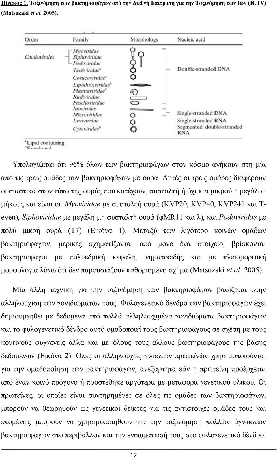 Αυτές οι τρεις ομάδες διαφέρουν ουσιαστικά στον τύπο της ουράς που κατέχουν, συσταλτή ή όχι και μικρού ή μεγάλου μήκους και είναι οι: Myoviridae με συσταλτή ουρά (KVP20, KVP40, KVP241 και Teven),